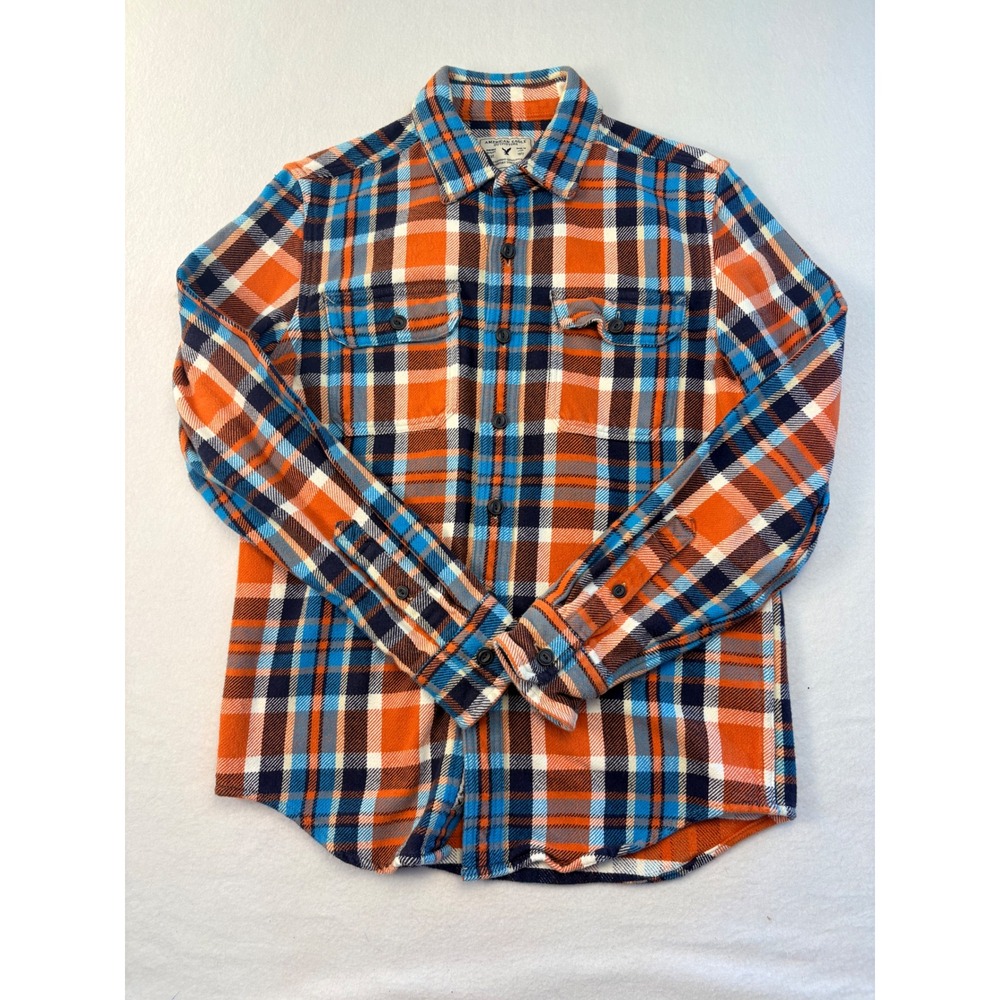 American Eagle Rugged Flannel Shirt Mens Small Orange Blue Plaid Long Sleeve‎